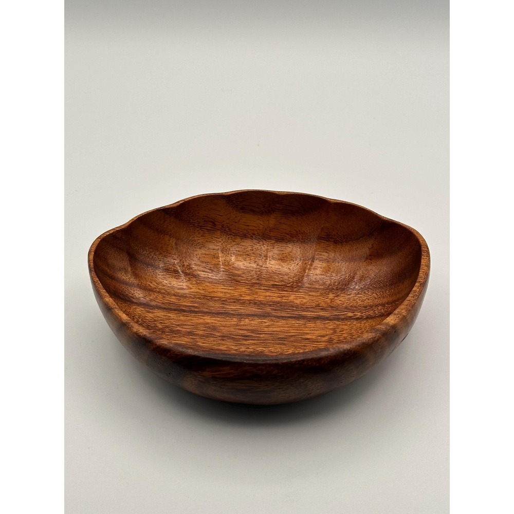 Vintage Hand Carved Wooden Bowl Scalloped Edge MCM Solid Wood